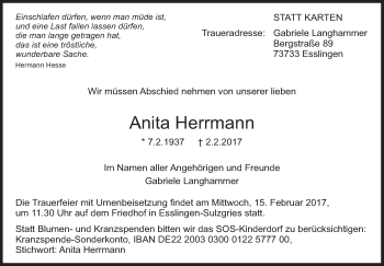 Traueranzeige von Anita Herrmann von Stuttgarter Zeitung / Stuttgarter Nachrichten