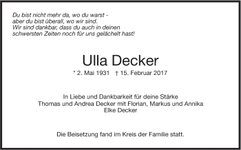 Traueranzeige von Ulla Decker von Stuttgarter Zeitung / Stuttgarter Nachrichten
