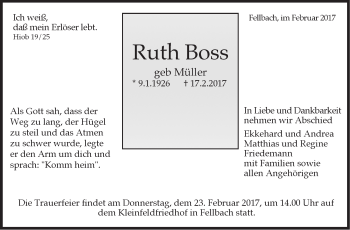 Traueranzeige von Ruth Boss von Stuttgarter Zeitung / Stuttgarter Nachrichten