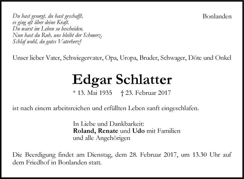  Traueranzeige für Edgar Schlauer vom 25.02.2017 aus Stuttgarter Zeitung / Stuttgarter Nachrichten