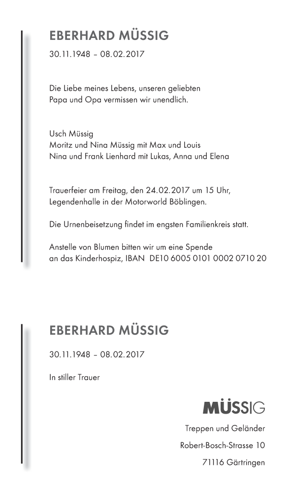  Traueranzeige für Eberhardt Müssig vom 11.02.2017 aus Stuttgarter Zeitung / Stuttgarter Nachrichten