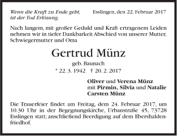 Traueranzeige von Gertrud Münz von Stuttgarter Zeitung / Stuttgarter Nachrichten