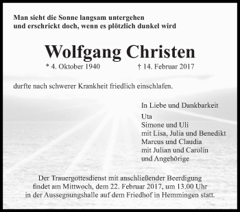 Traueranzeige von Wolfgang Christen von Stuttgarter Zeitung / Stuttgarter Nachrichten