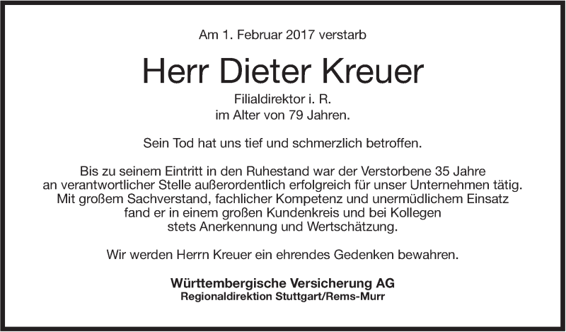  Traueranzeige für Dieter Kreuer vom 04.02.2017 aus Stuttgarter Zeitung / Stuttgarter Nachrichten