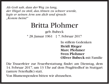 Traueranzeige von Britta Plohmer von Stuttgarter Zeitung / Stuttgarter Nachrichten