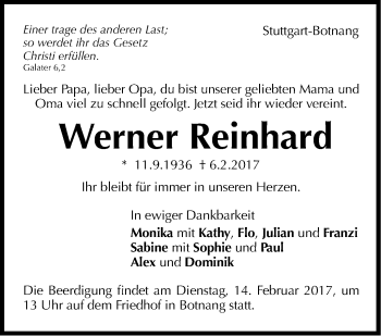 Traueranzeige von Werner Reinhard von Stuttgarter Zeitung / Stuttgarter Nachrichten