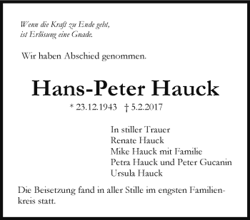 Traueranzeige von Hans-Peter Hauck von Stuttgarter Zeitung / Stuttgarter Nachrichten