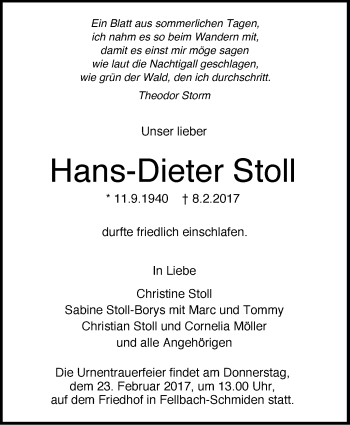 Traueranzeige von Hans-Dieter Stoll von Stuttgarter Zeitung / Stuttgarter Nachrichten