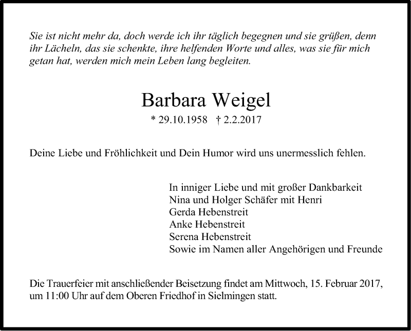  Traueranzeige für Barbara Weigel vom 11.02.2017 aus Stuttgarter Zeitung / Stuttgarter Nachrichten