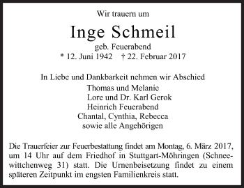 Traueranzeige von Inge Schmeil von Stuttgarter Zeitung / Stuttgarter Nachrichten