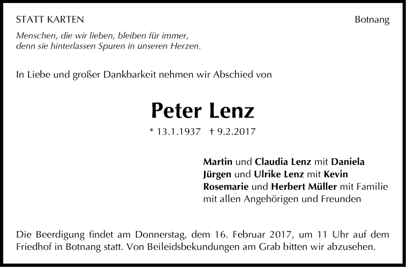  Traueranzeige für Peter Lenz vom 11.02.2017 aus Stuttgarter Zeitung / Stuttgarter Nachrichten