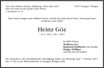 Traueranzeige von Heinz Göz von Stuttgarter Zeitung / Stuttgarter Nachrichten