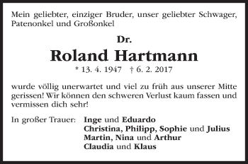 Traueranzeige von Roland Hartmann von Stuttgarter Zeitung / Stuttgarter Nachrichten