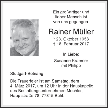 Traueranzeige von Rainer Müller von Stuttgarter Zeitung / Stuttgarter Nachrichten