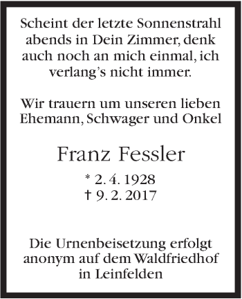 Traueranzeige von Franz Fessler von Stuttgarter Zeitung / Stuttgarter Nachrichten