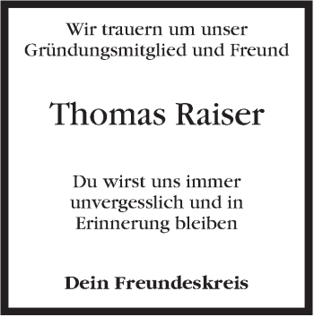 Traueranzeige von Thomas Raiser von Stuttgarter Zeitung / Stuttgarter Nachrichten