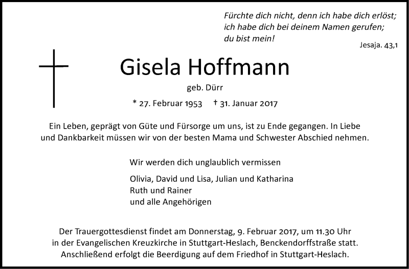  Traueranzeige für Gisela Hoffmann vom 04.02.2017 aus Stuttgarter Zeitung / Stuttgarter Nachrichten