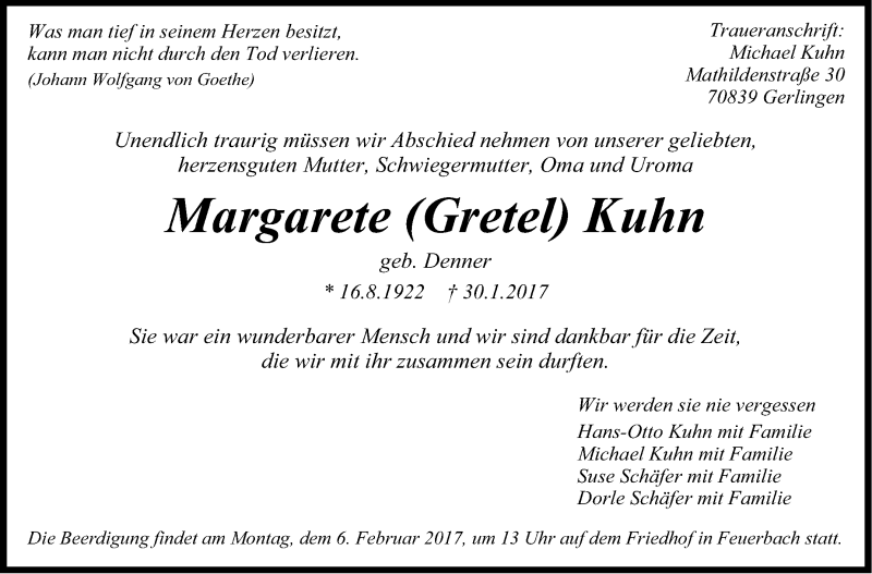  Traueranzeige für Margarete Kuhn vom 02.02.2017 aus Stuttgarter Zeitung / Stuttgarter Nachrichten