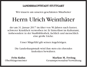 Traueranzeige von Ulrich Weinthäter von Stuttgarter Zeitung / Stuttgarter Nachrichten