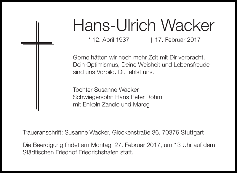  Traueranzeige für Hans-Ulrich Wacker vom 23.02.2017 aus Stuttgarter Zeitung / Stuttgarter Nachrichten