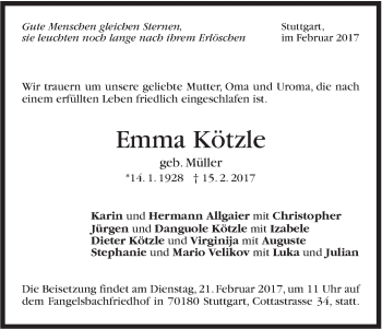 Traueranzeige von Emma Kötzle von Stuttgarter Zeitung / Stuttgarter Nachrichten