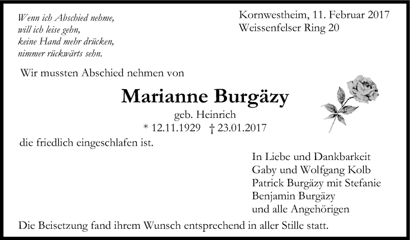 Traueranzeige für Marianne Burgäzy vom 11.02.2017 aus Stuttgarter Zeitung / Stuttgarter Nachrichten