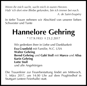 Traueranzeige von Hannelore Gehring von Stuttgarter Zeitung / Stuttgarter Nachrichten
