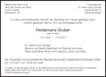 Traueranzeige von Heidemarie Gruber von Stuttgarter Zeitung / Stuttgarter Nachrichten