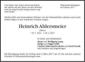 Traueranzeige von Heinrich Ahlersmeier von Stuttgarter Zeitung / Stuttgarter Nachrichten