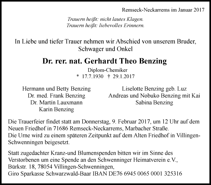  Traueranzeige für Gerhardt Theo Benzing vom 04.02.2017 aus Stuttgarter Zeitung / Stuttgarter Nachrichten