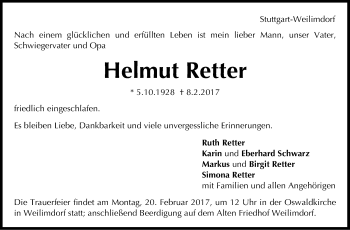 Traueranzeige von Helmut Retter von Stuttgarter Zeitung / Stuttgarter Nachrichten