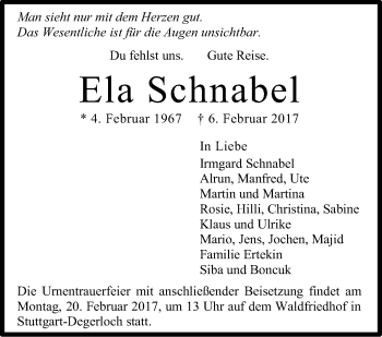 Traueranzeige von Ela Schnabel von Stuttgarter Zeitung / Stuttgarter Nachrichten