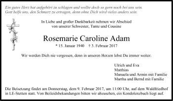Traueranzeige von Rosemarie Caroline Adam von Stuttgarter Zeitung / Stuttgarter Nachrichten