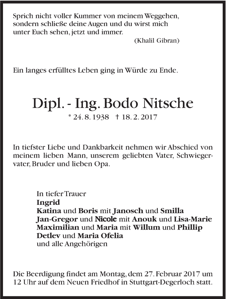  Traueranzeige für Bodo Nitsche vom 25.02.2017 aus Stuttgarter Zeitung / Stuttgarter Nachrichten