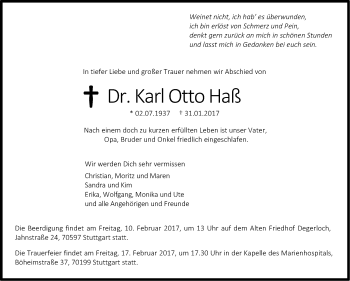 Traueranzeige von Karl-Otto Haß von Stuttgarter Zeitung / Stuttgarter Nachrichten
