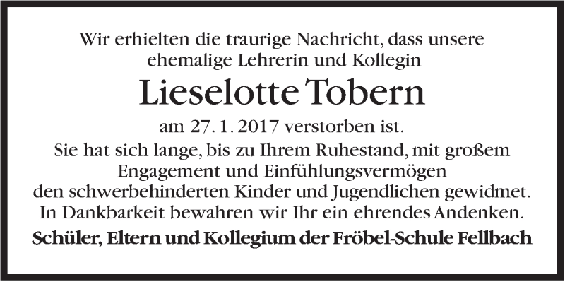  Traueranzeige für Lieselotte Tobern vom 18.02.2017 aus Stuttgarter Zeitung / Stuttgarter Nachrichten