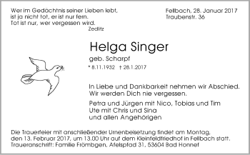 Traueranzeige von Helga Singer von Stuttgarter Zeitung / Stuttgarter Nachrichten
