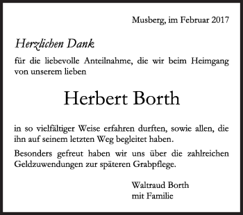 Traueranzeige von Herbert Borth von Stuttgarter Zeitung / Stuttgarter Nachrichten