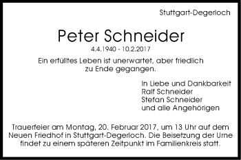 Traueranzeige von Peter Schneider von Stuttgarter Zeitung / Stuttgarter Nachrichten