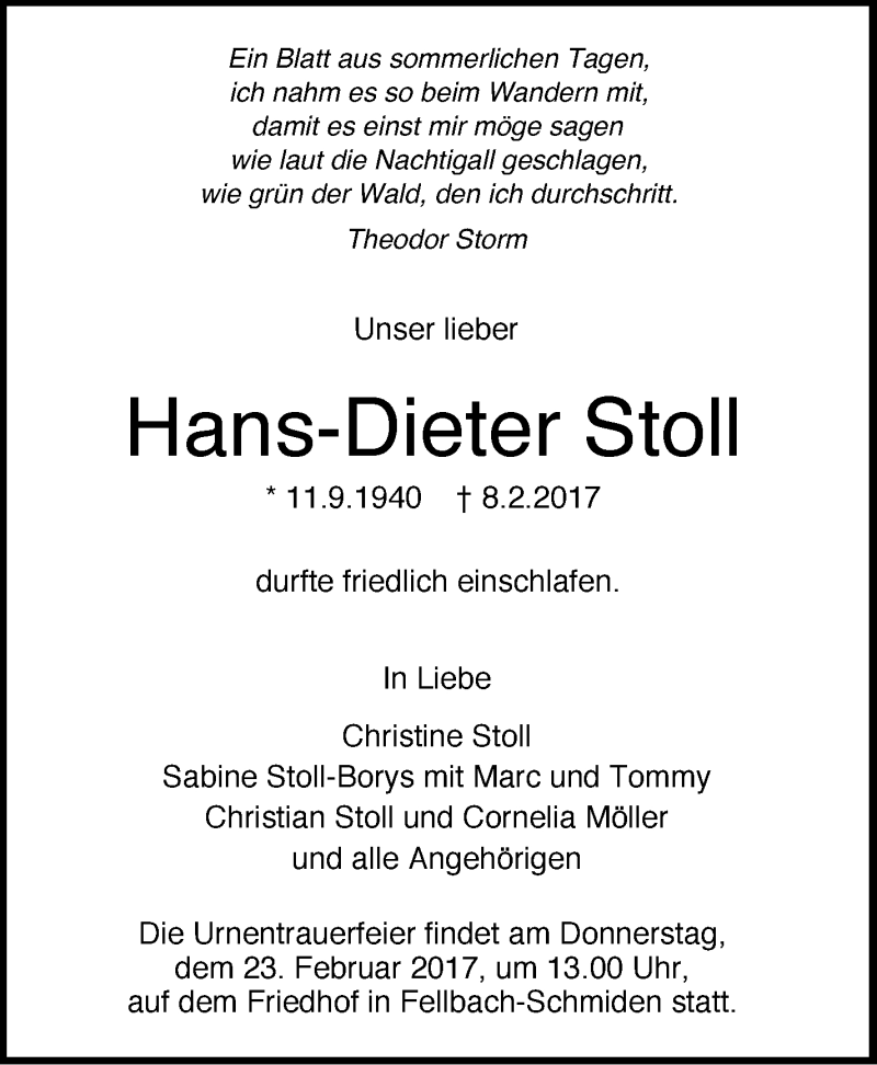  Traueranzeige für Hans-Dieter Stoll vom 10.02.2017 aus Stuttgarter Zeitung / Stuttgarter Nachrichten