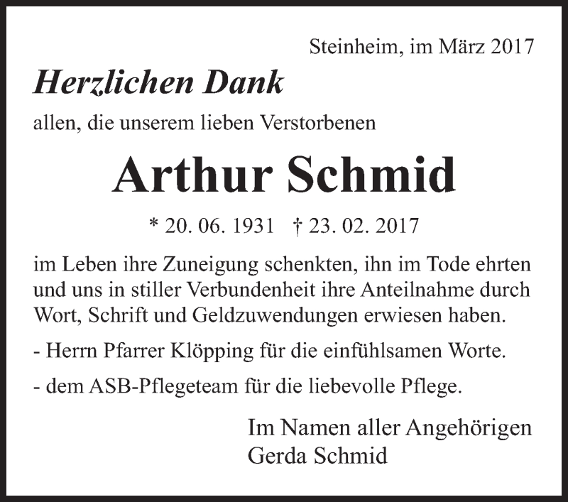  Traueranzeige für Artur Schmid vom 23.03.2017 aus Stuttgarter Zeitung / Stuttgarter Nachrichten