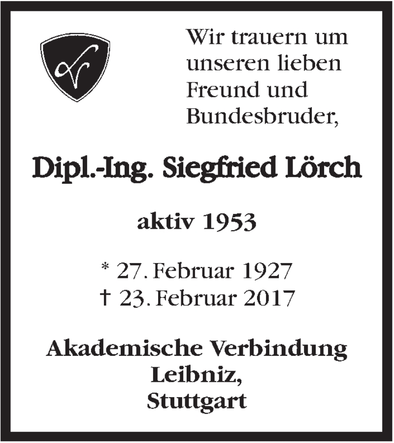  Traueranzeige für Siegfried Lörch vom 18.03.2017 aus Stuttgarter Zeitung / Stuttgarter Nachrichten