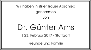 Traueranzeige von Günter Arns von Stuttgarter Zeitung / Stuttgarter Nachrichten