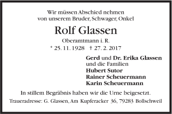Traueranzeige von Rolf Glassen von Stuttgarter Zeitung / Stuttgarter Nachrichten