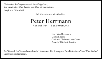 Traueranzeige von Peter Herrmann von Stuttgarter Zeitung / Stuttgarter Nachrichten