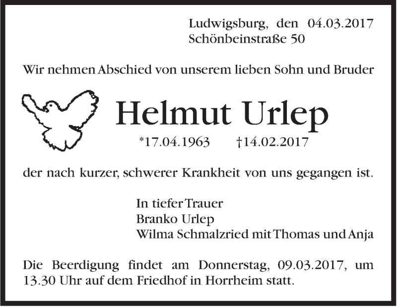  Traueranzeige für Helmut Urlep vom 04.03.2017 aus Stuttgarter Zeitung / Stuttgarter Nachrichten