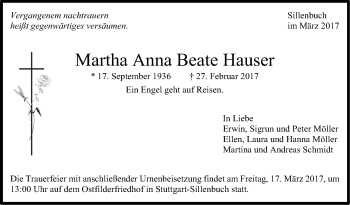 Traueranzeige von Martha Anna Beate Hauser von Stuttgarter Zeitung / Stuttgarter Nachrichten
