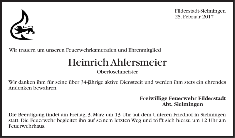  Traueranzeige für Heinrich Ahlersmeier vom 01.03.2017 aus Stuttgarter Zeitung / Stuttgarter Nachrichten