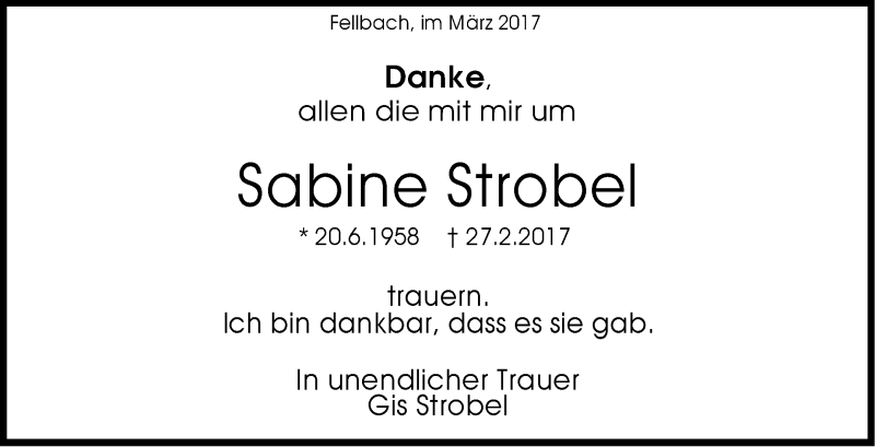  Traueranzeige für Sabine Strobel vom 24.03.2017 aus Stuttgarter Zeitung / Stuttgarter Nachrichten