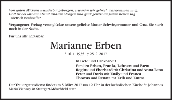 Traueranzeige von Marianne Erben von Stuttgarter Zeitung / Stuttgarter Nachrichten